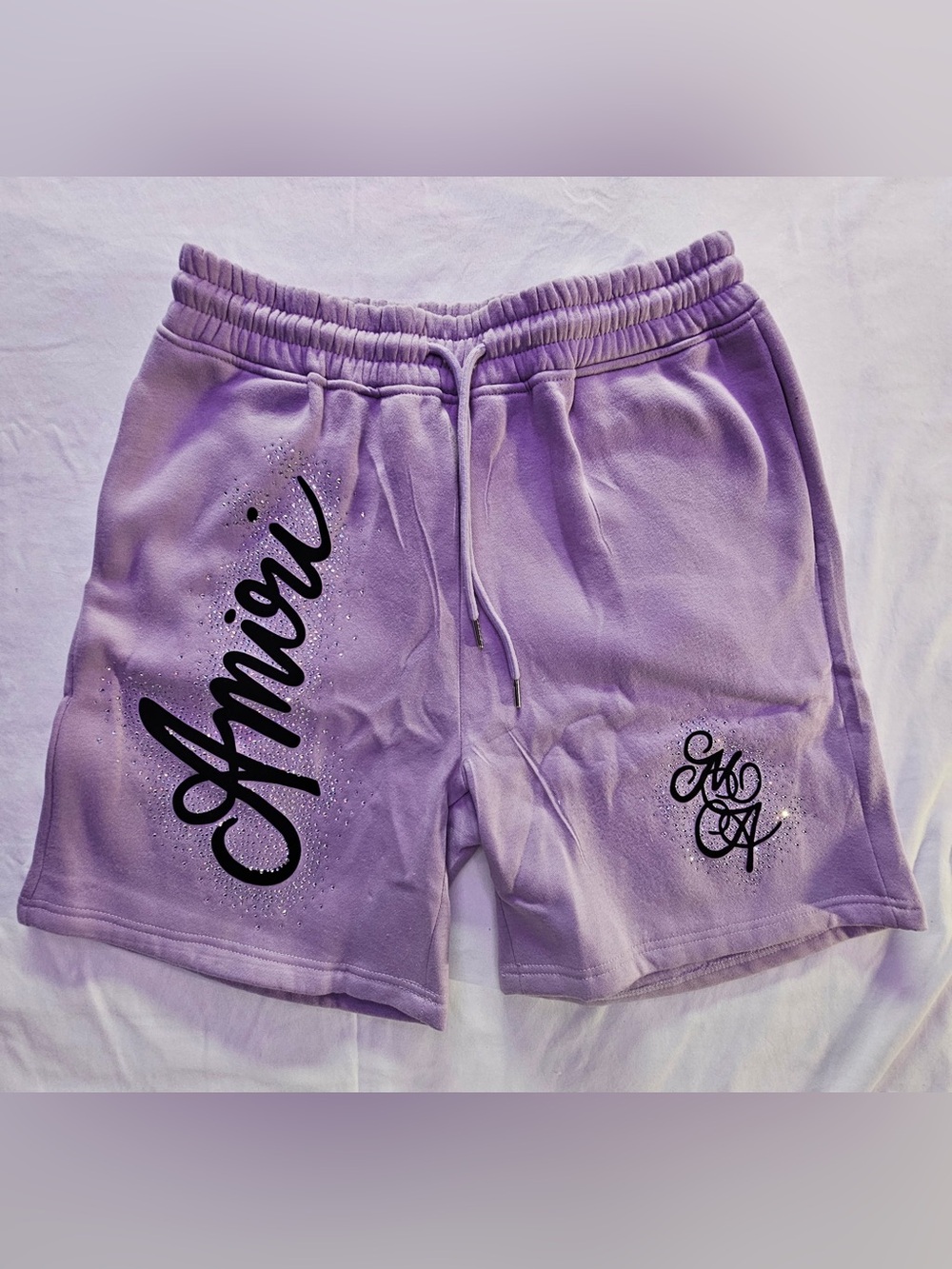 AMIRI Lavender Drawstring Logo Shorts with Black Script